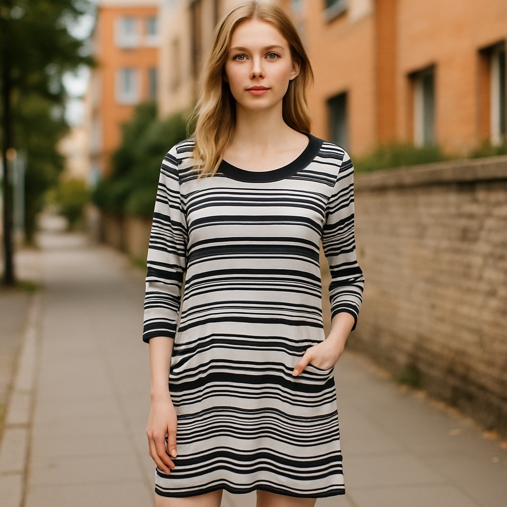 J. Crew Silk‎ Dress Pockets Size 8 3/4 Sleeve Lined Zip Black & White Stripe